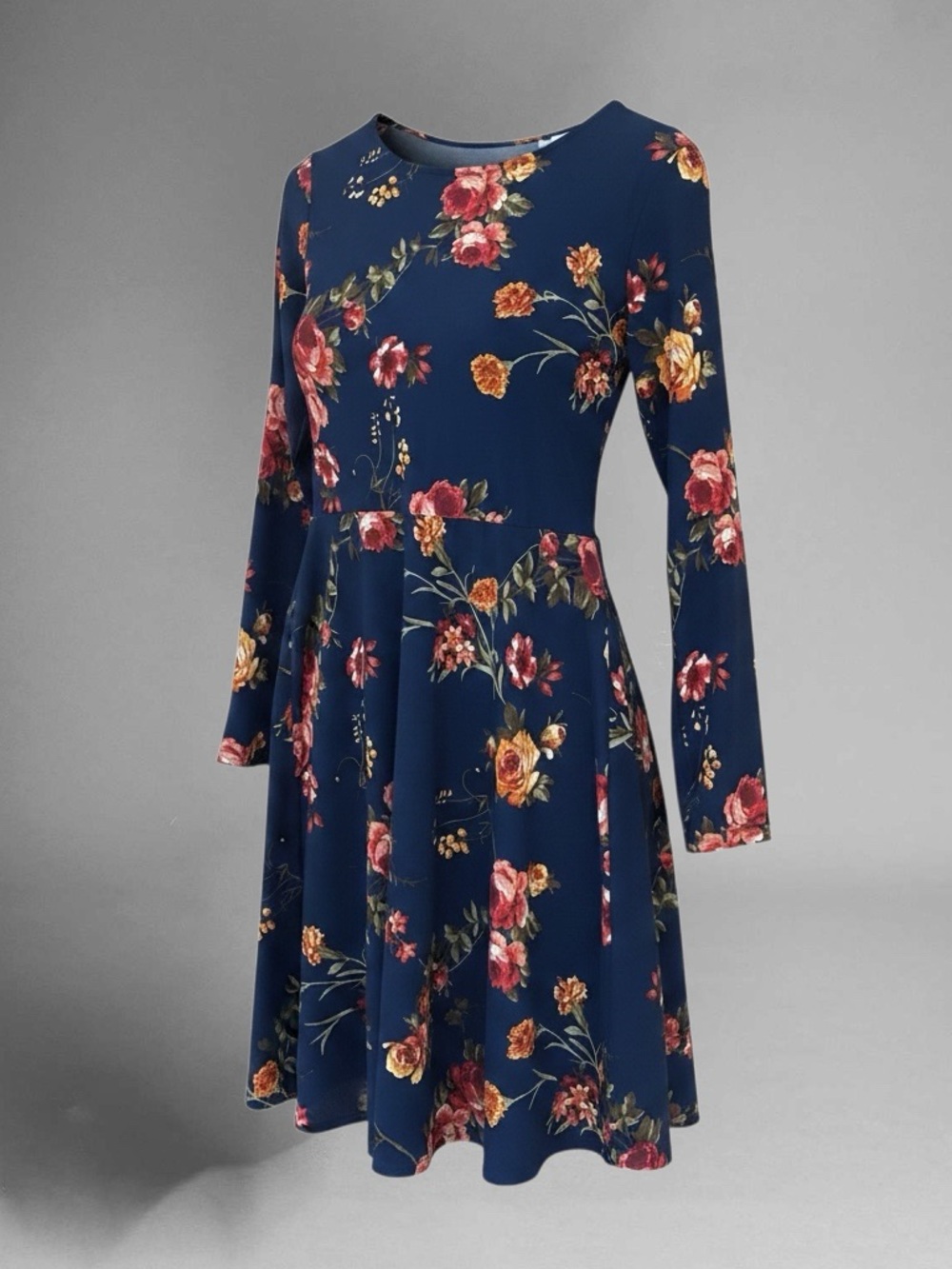 nine britton Navy Floral Long-Sleeve Fit & Flare Dress